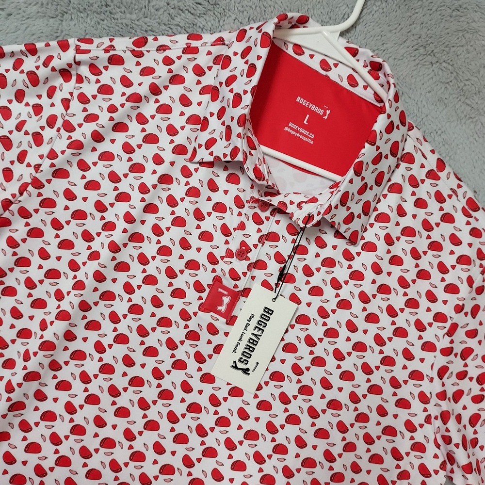 NEW Bogeybros Polo Shirt Mens Large Taco Print Golf Performance White Red Jersey